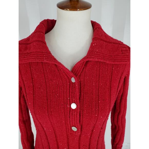 LIZ CLAIBORNE Women's Red w/ White & Black Flecks Quarter Button Sweater Sz L - Picture 5 of 8